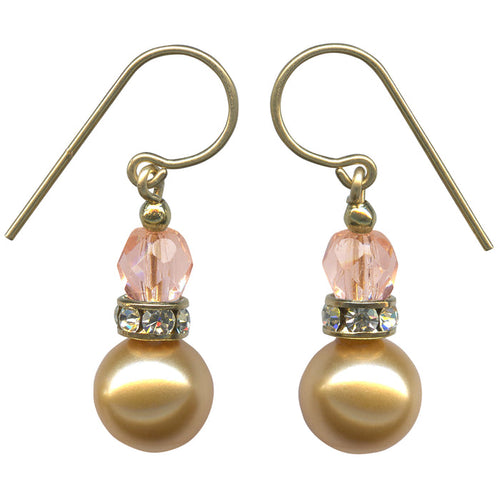 Gold crystal pearl drop earrings with peach Czech glass and rhinestone accents from Owen Glass Collection, featuring elegant dangling design.