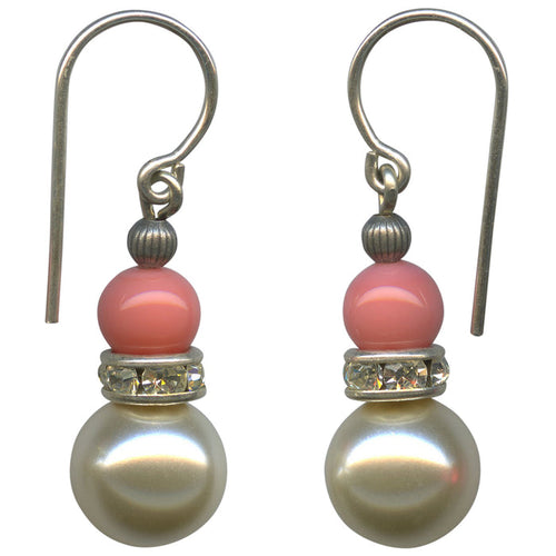 Pearl crystal drop earrings with pink Czech glass and rhinestone accents from Owen Glass Collection.