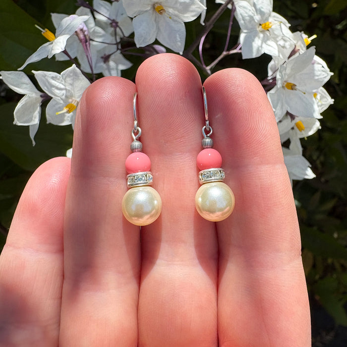Owen Glass Collection Bells 4-inch pearl crystal drop earrings with pink Czech glass and rhinestone accents, hanging elegantly
