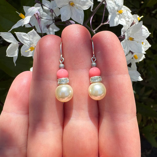 Owen Glass Collection Bells 4-inch pearl crystal drop earrings with pink Czech glass and rhinestone accents, hanging elegantly