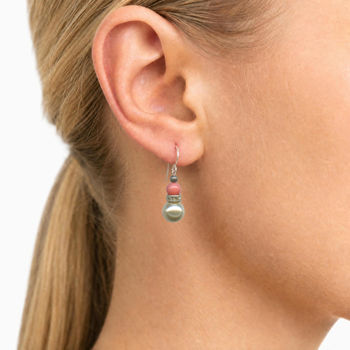 Owen Glass Collection Bells 4-inch pearl crystal drop earrings with pink Czech glass and rhinestone accents, hanging elegantly.