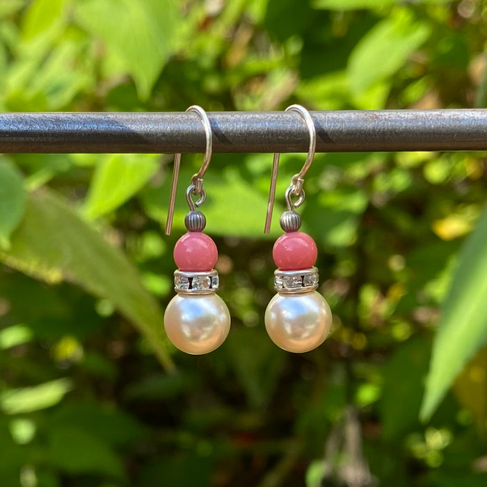 Owen Glass Collection Bells 4-inch Pearl Crystal Drop Earrings with pink Czech glass and rhinestone accents, elegant jewelry accessory.