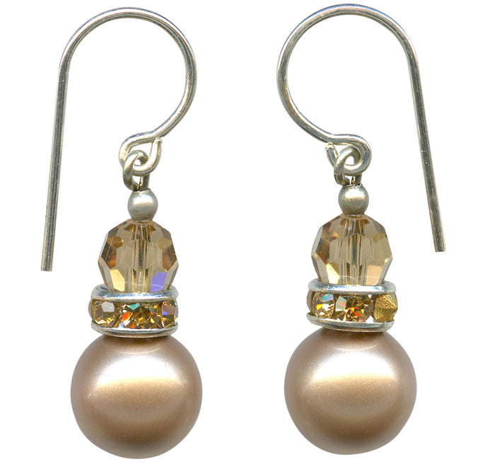 Taupe crystal pearl drop earrings with smoke topaz and rhinestone accents from Owen Glass Collection, showcasing elegant jewelry design.