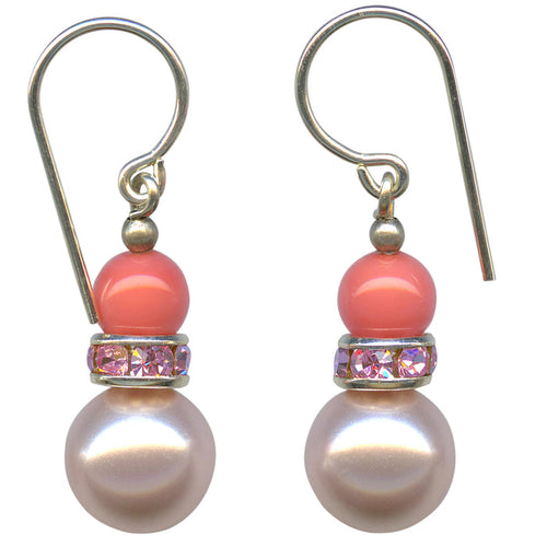 Pale pink crystal pearl earrings with rhinestone accents from Owen Glass Collection, featuring dangling bell-shaped design.