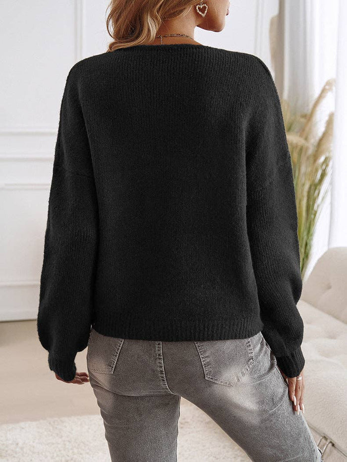 Black Casual Loose Cardigan Tie Solid Colour Sweater Women
