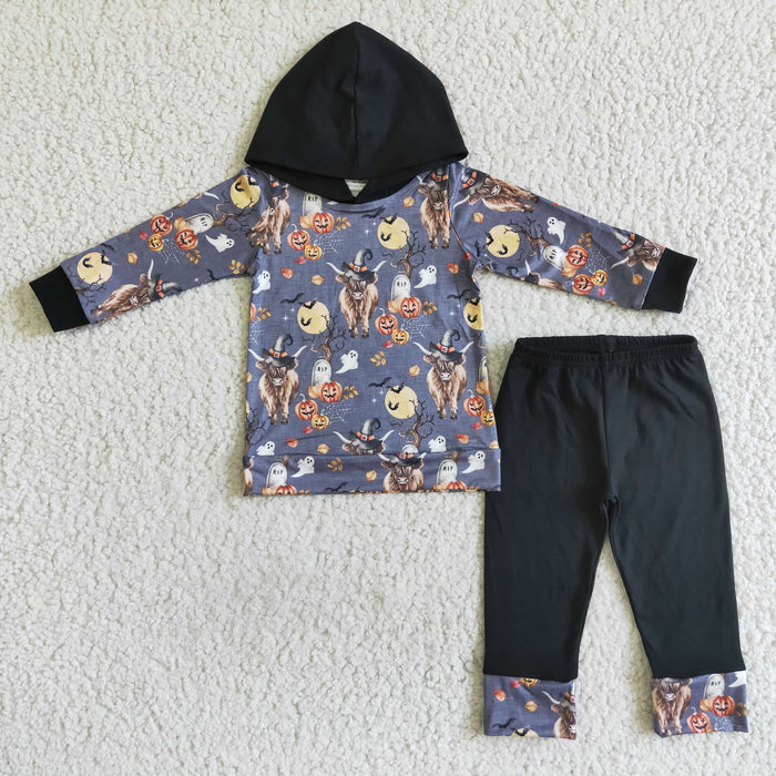 BLP0040 Highland Cow Pumpkin Hoodie Top Pants Boys Halloween Clothes Set