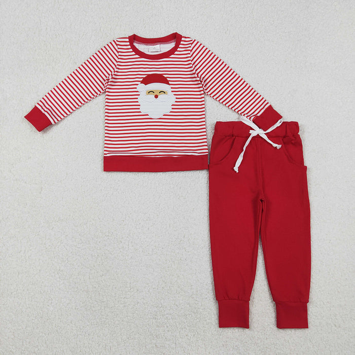 BLP1223 Santa Embroidery Stripes Top Red Pants Boys Christmas Clothes Set