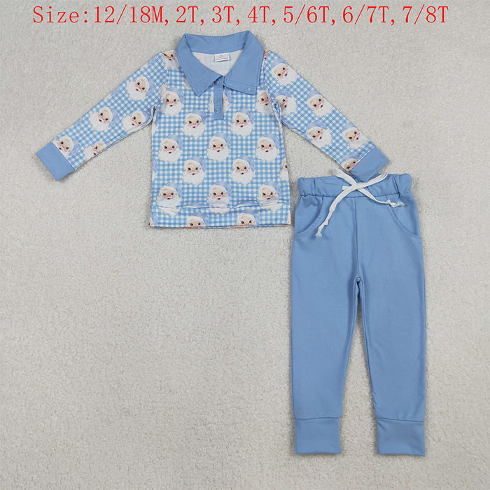 BLP1295 Santa Checkered Polo Top Blue Pants Boys Christmas Clothes Set