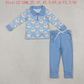 BLP1295 Santa Checkered Polo Top Blue Pants Boys Christmas Clothes Set