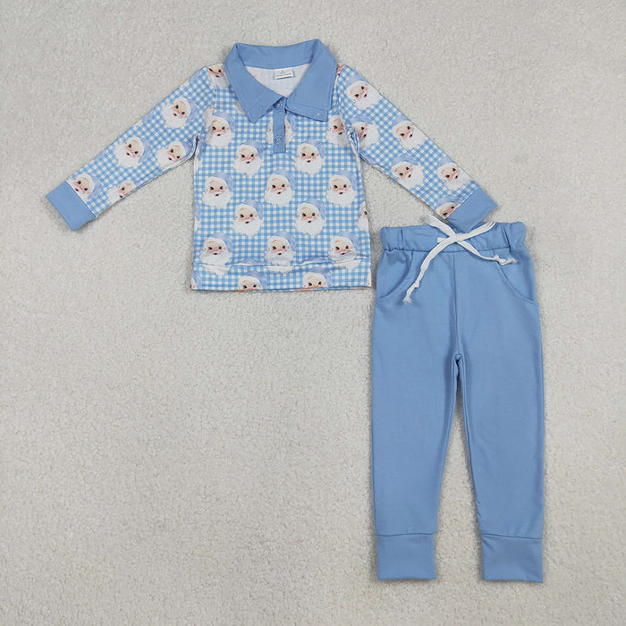 BLP1295 Santa Checkered Polo Top Blue Pants Boys Christmas Clothes Set