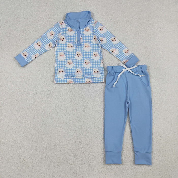 BLP1295 Santa Checkered Polo Top Blue Pants Boys Christmas Clothes Set