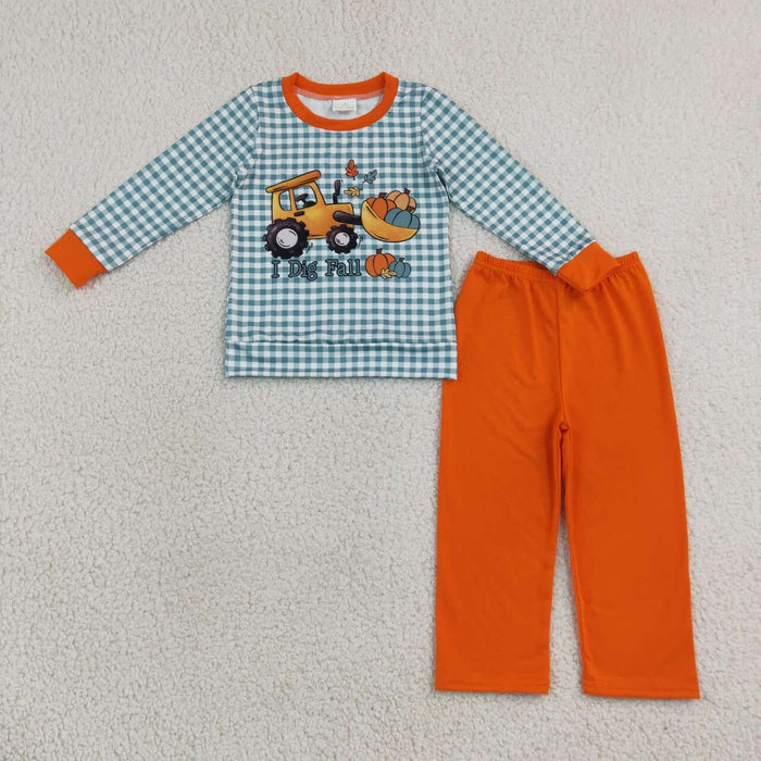 BLP1542 I Dig Fall Bulldozer Pumpkin Checkered Top Orange Pants Boys Fall Clothes Set
