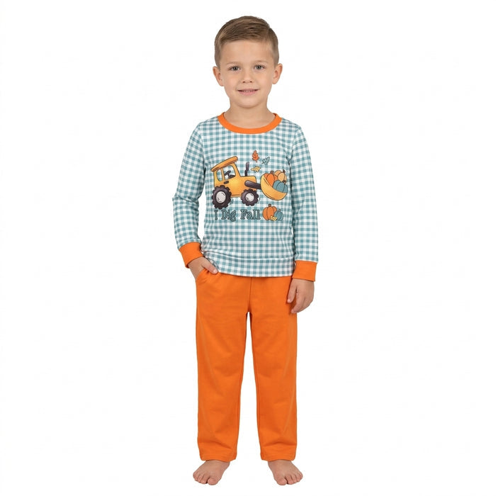BLP1542 I Dig Fall Bulldozer Pumpkin Checkered Top Orange Pants Boys Fall Clothes Set