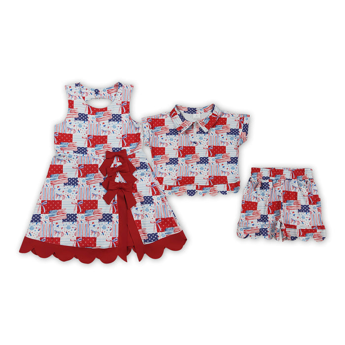 Bows Flags Scallop 4th of July Yoga Dress & Zipper Outfits Sisters Matching Wear
