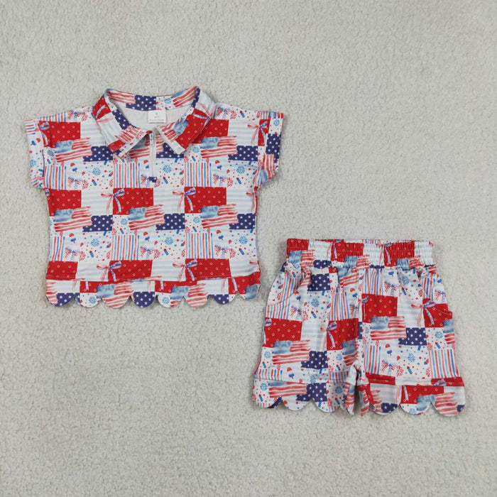 Bows Flags Scallop 4th of July Yoga Dress & Zipper Outfits Sisters Matching Wear