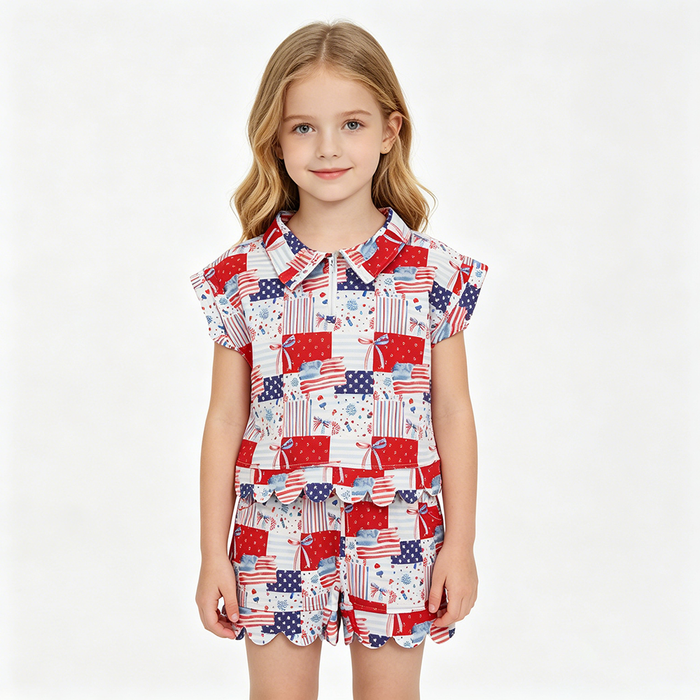 Bows Flags Scallop 4th of July Yoga Dress & Zipper Outfits Sisters Matching Wear