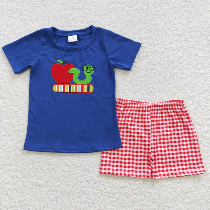 BSSO0254 Apple Book Embroidery Blue Top Plaid Shorts Boys Back to School Clothes Set