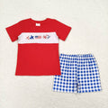 BSSO0584 Flag Embroidery Red Top Blue Plaid Shorts Boys 4th of July Outfits