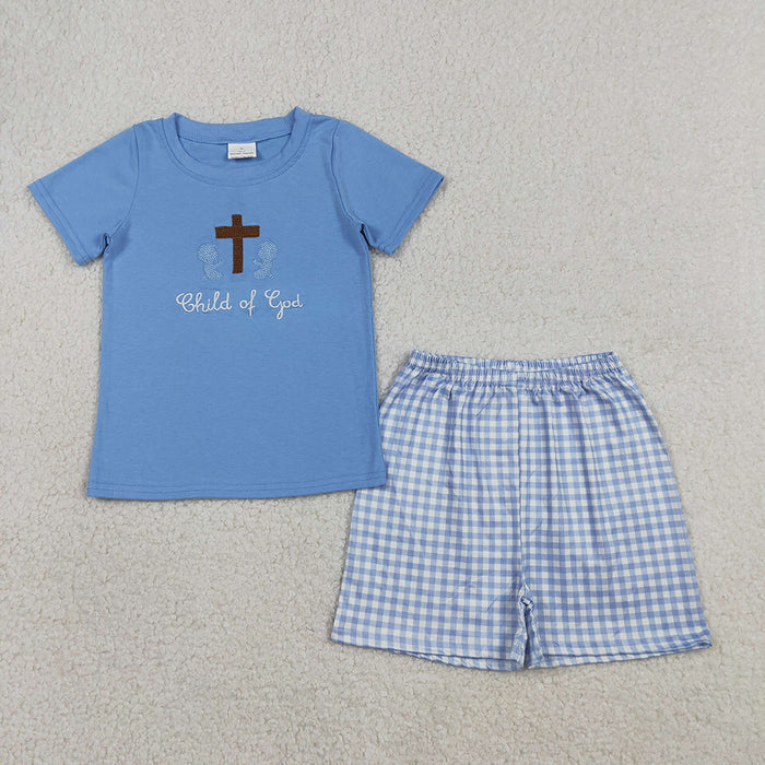 BSSO1714 Child of God Cross Embroidery Blue Top Plaid Shorts Boys Easter Clothes Set