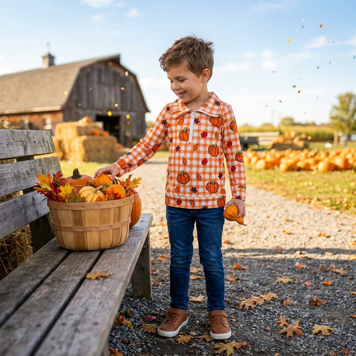 BT1895 Pumpkin Leaf Orange Checkered Print Kids Zipper Pullover Top
