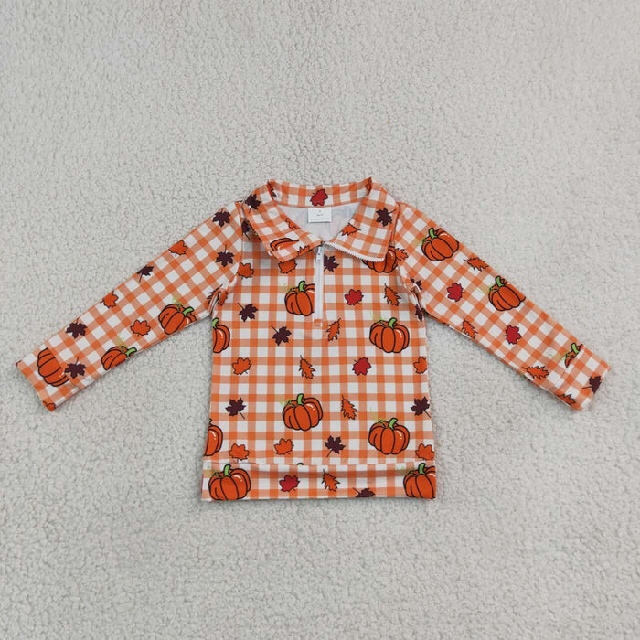 BT1895 Pumpkin Leaf Orange Checkered Print Kids Zipper Pullover Top