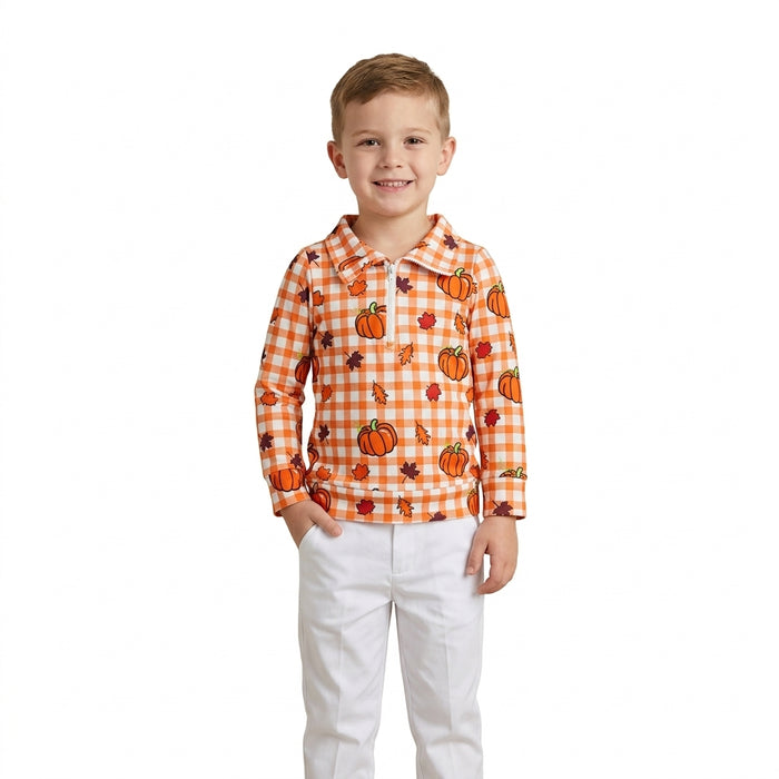 BT1895 Pumpkin Leaf Orange Checkered Print Kids Zipper Pullover Top