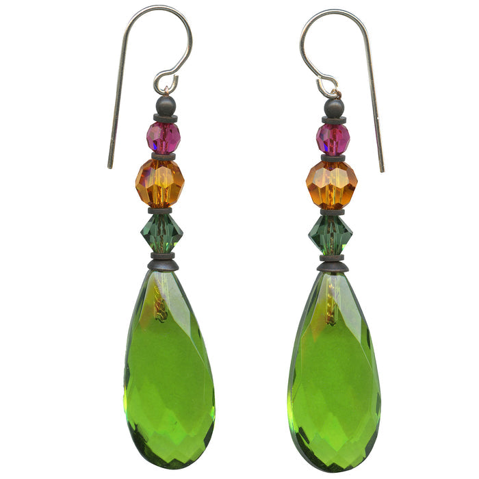 Bright green glass dangle earrings from Owen Glass Collection with elegant, curved design for stylish wear.