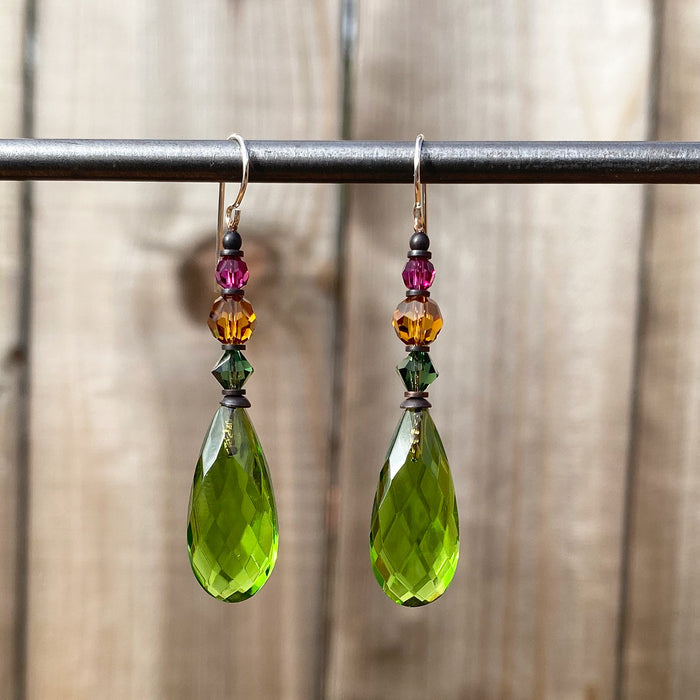Bright green glass dangle earrings from Owen Glass Collection featuring a stylish cabaret design.