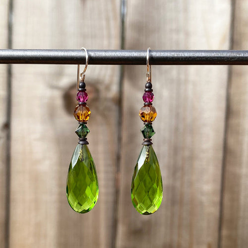 Bright green glass dangle earrings from Owen Glass Collection featuring a stylish cabaret design.