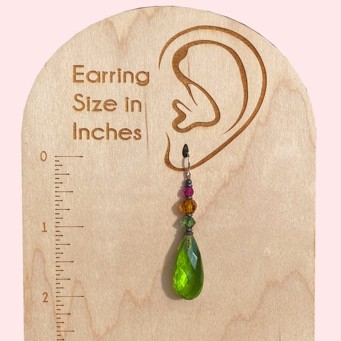 Bright green glass dangle earrings from Owen Glass Collection featuring stylish cabaret design and elegant craftsmanship.