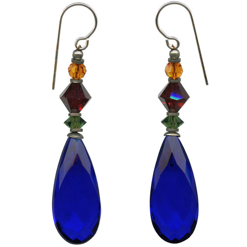 Owen Glass Collection Cabaret 8-inch cobalt glass and crystal dangle earrings with elegant, shimmering design.