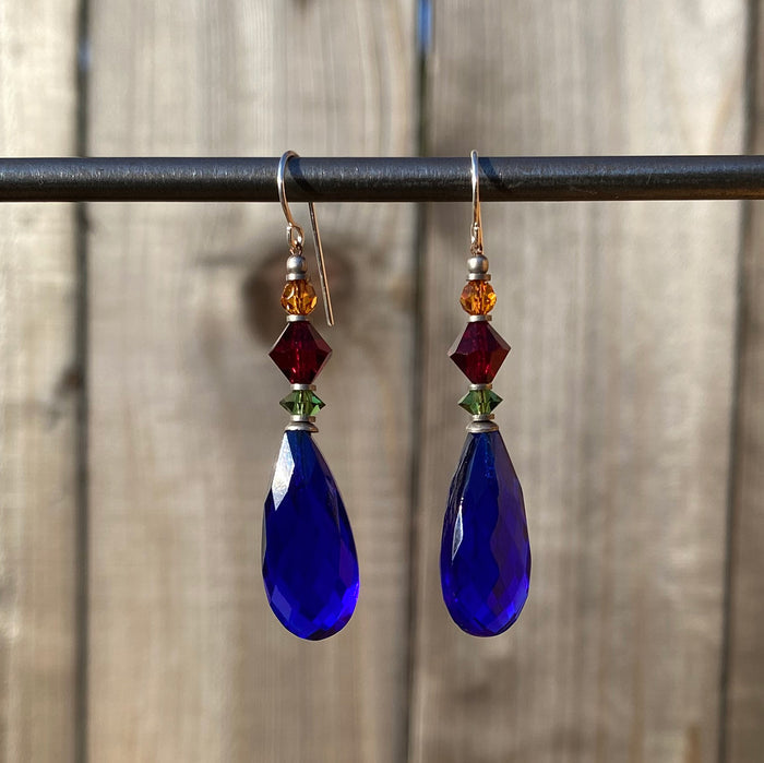 Owen Glass Collection Cabaret 8-inch cobalt glass and crystal dangle earrings with elegant, sparkling design and intricate details.