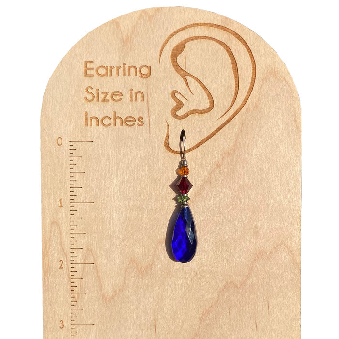 Owen Glass Collection Cabaret 8-inch cobalt glass and crystal dangle earrings with elegant design and shimmering accents.