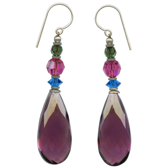 Owen Glass Collection Cabaret 9-inch amethyst glass dangle earrings with elegant teardrop-shaped design and vibrant purple hue.