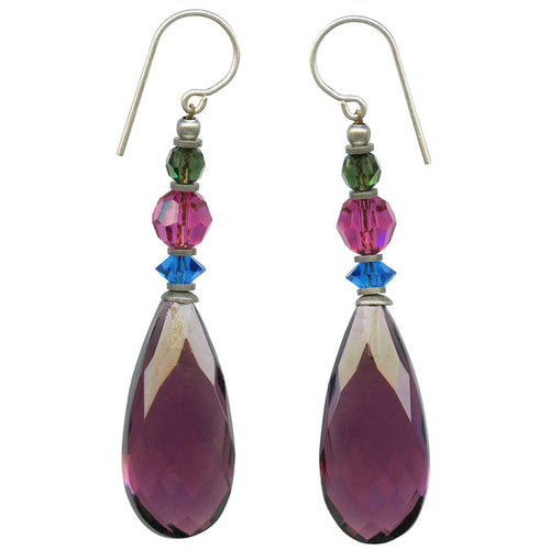 Owen Glass Collection Cabaret 9-inch amethyst glass dangle earrings with elegant teardrop-shaped design and vibrant purple hue.