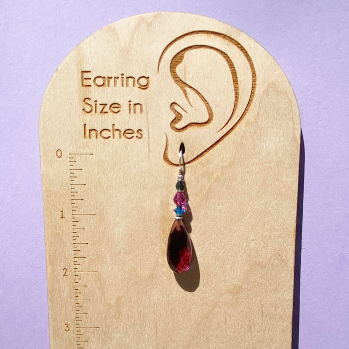 Owen Glass Collection Cabaret 9-inch amethyst glass dangle earrings with elegant, deep purple gemstone design.