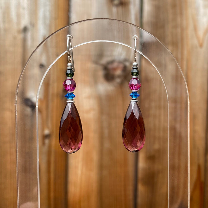 Owen Glass Collection Cabaret 9-inch amethyst glass dangle earrings with elegant, vibrant purple gemstone design.