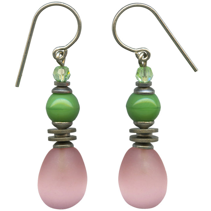 Frosted pink glass dangle earrings from Owen Glass Collection featuring elegant, lightweight earrings with a delicate design