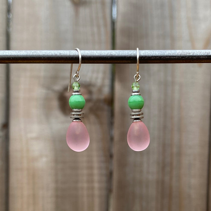 Frosted pink glass dangle earrings from Owen Glass Collection featuring elegant chimes design.