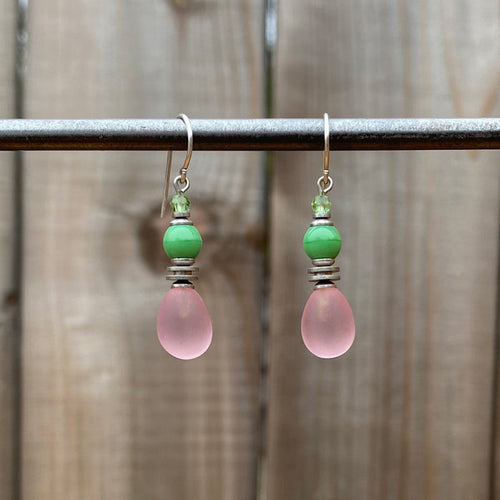 Frosted pink glass dangle earrings from Owen Glass Collection featuring elegant chimes design.