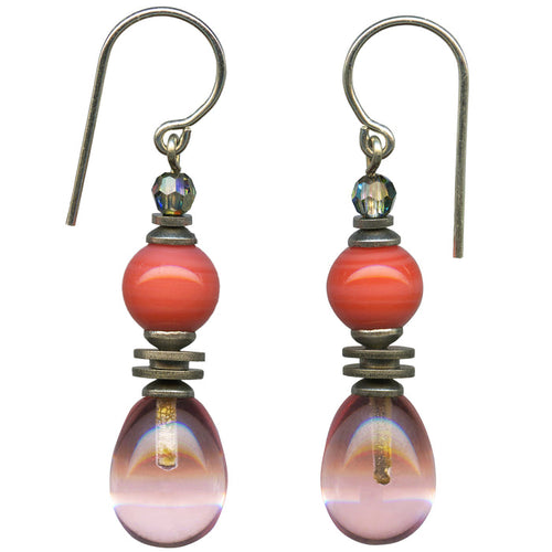 Owen Glass Collection 7-inch pink glass and crystal dangle earrings with delicate chimes and elegant design.