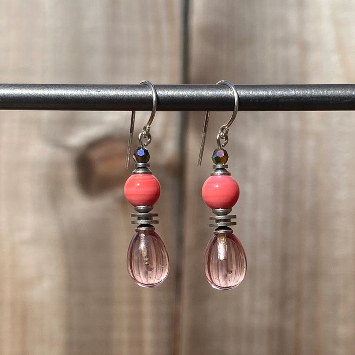 Owen Glass Collection 7-inch pink glass and crystal dangle earrings with delicate chimes and elegant design.