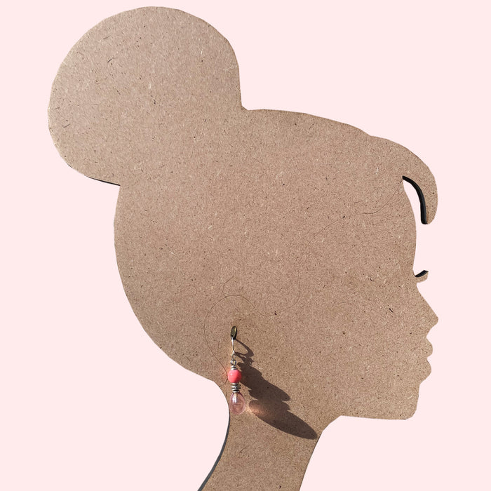 Owen Glass Collection 7-inch pink glass and crystal dangle earrings with delicate chime design and elegant hanging style.