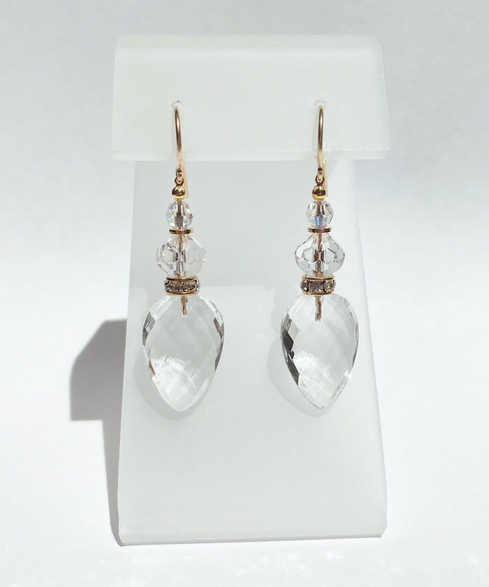 Owen Glass Collection Cruise 16-inch clear crystal and gold dangle earrings, featuring elegant design with sparkling crystals and gold accents.
