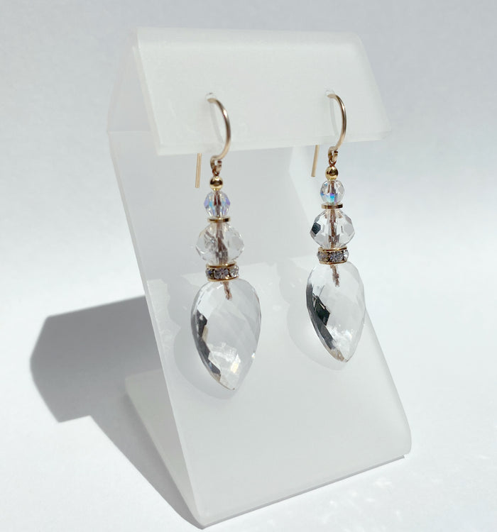 Owen Glass Collection Cruise 16-inch clear crystal and gold dangle earrings with elegant design and sparkling stones.