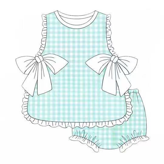 (Custom Design Preorder MOQ 5) Blue Plaid Sleeveless Top Shorts Girls Summer Bummie Set