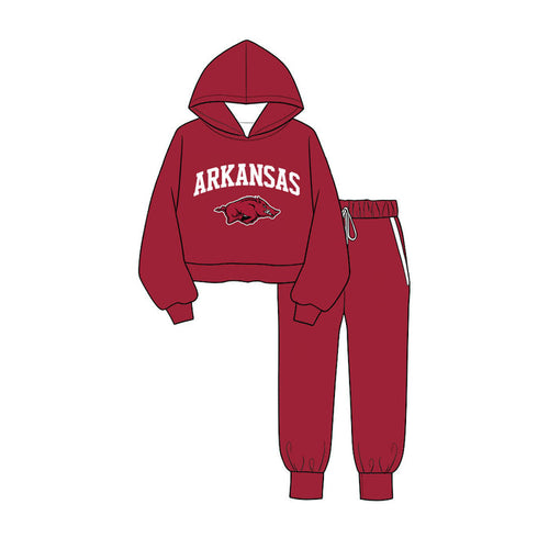 (Custom Design Preorder MOQ 5 ) Boys Arkansas Maroon Hoodie Top with Jogger Sport Team Outfit