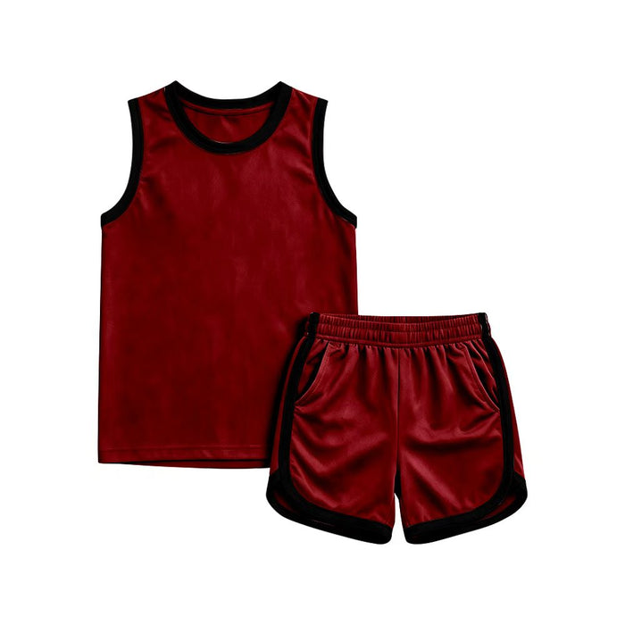 (Custom Design Preorder MOQ 5 ) Boys Maroon Tank Top with Shorts Sport Outfit