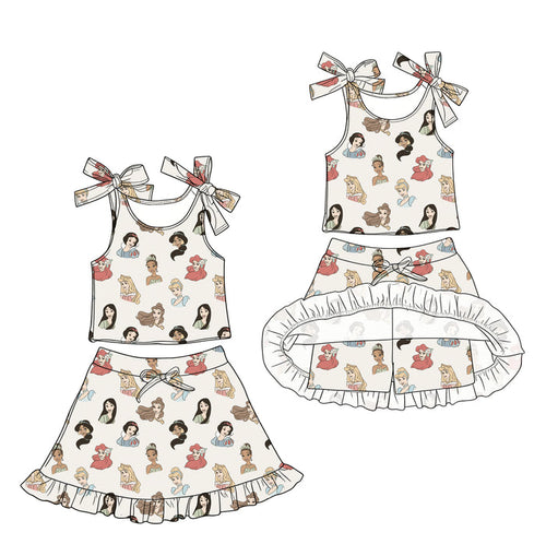 (Custom Design Preorder MOQ 5) Cartoon Princess Strap Top Skirts Shorts Girls Summer Set