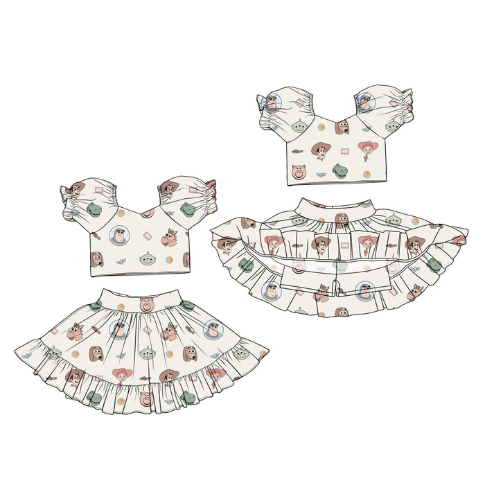 (Custom Design Preorder MOQ 5) Cartoon Toy Crop Top Skirts Shorts Girls Summer Set